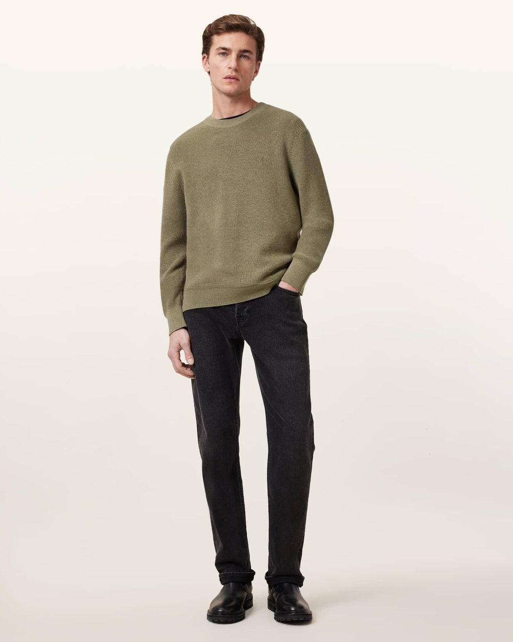 AllSaints Natural Aspen Waffle Texture Crew Neck Ramskull Sweater for men