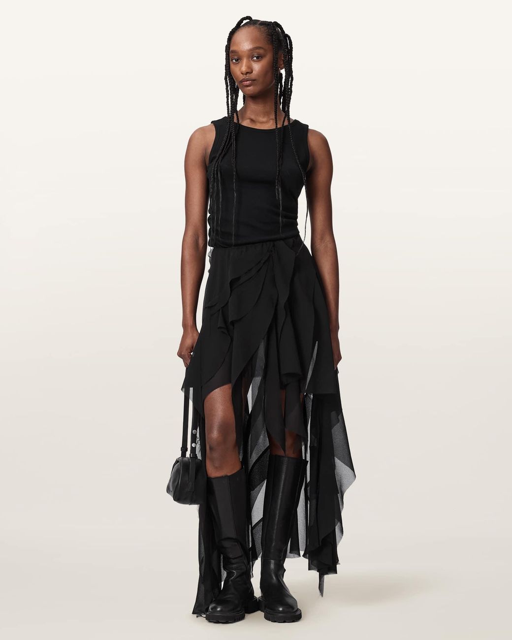 AllSaints Black Melody Frill Maxi Skirt