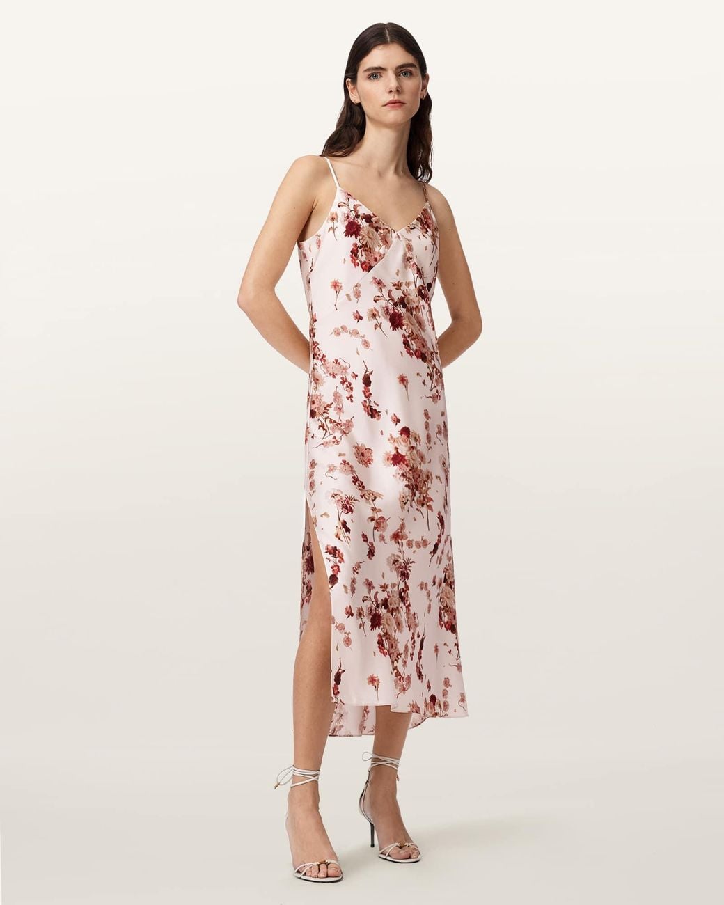 AllSaints Pink Silk/ Viscose Melody Floral Silk Blend Midi Slip Dress. /Us 2