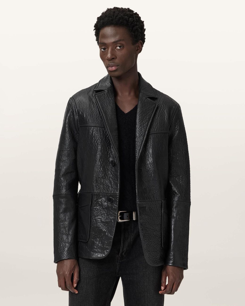 AllSaints Black Shadwell Single Breasted Leather Blazer for men