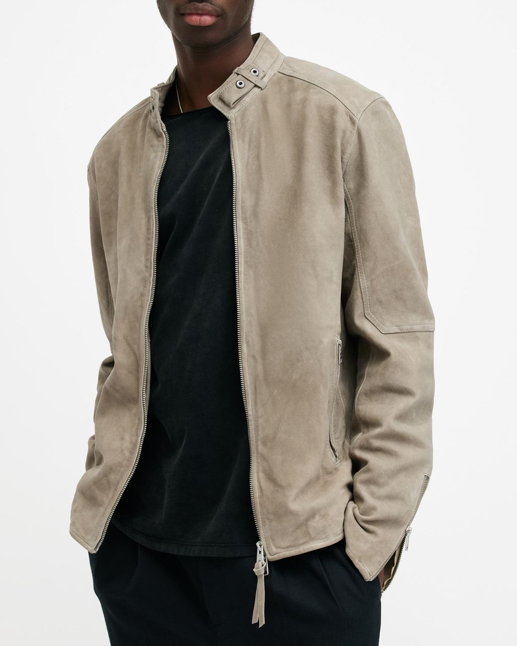 AllSaints Cora Suede Snap Back Collar Jacket, in Natural for Men