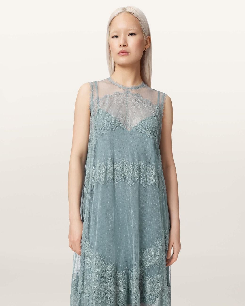 AllSaints Blue Clara Mesh Midi Dress