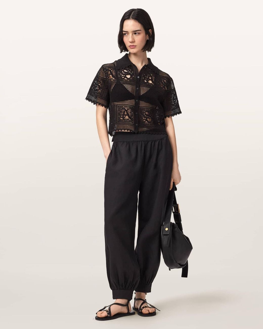 AllSaints Black Harrie Linen Blend Baggy Fit Trousers