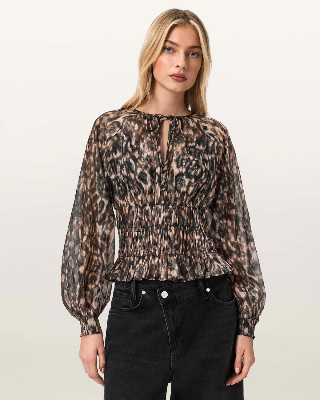 AllSaints Brown Viscose Cern Animal Print Shirred Top, /Us 2
