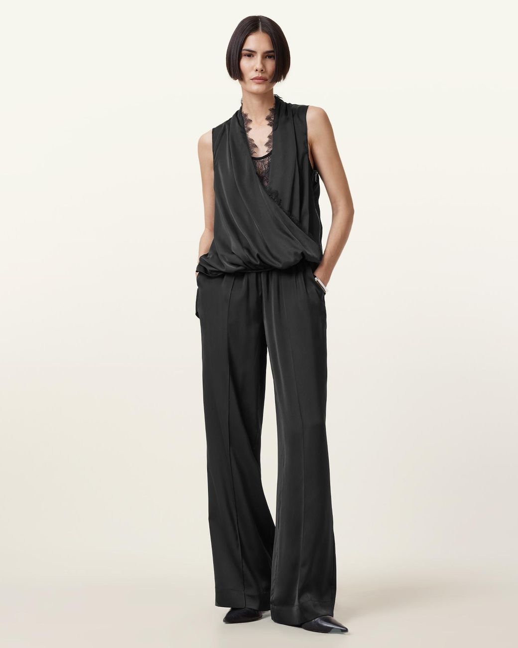 AllSaints Abi Lace Trim Draped Top in Black | Lyst