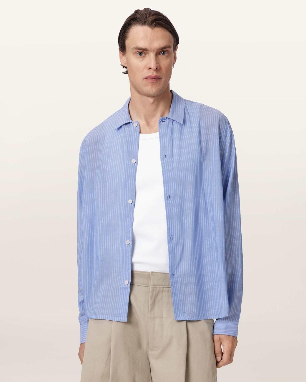 AllSaints Blue Furrow Long Sleeve Boxy Striped Shirt for men