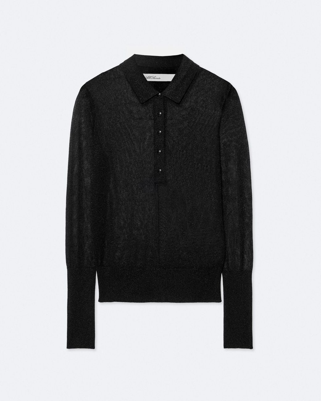 AllSaints Black Kay Sparkle Semi-Sheer Polo Top