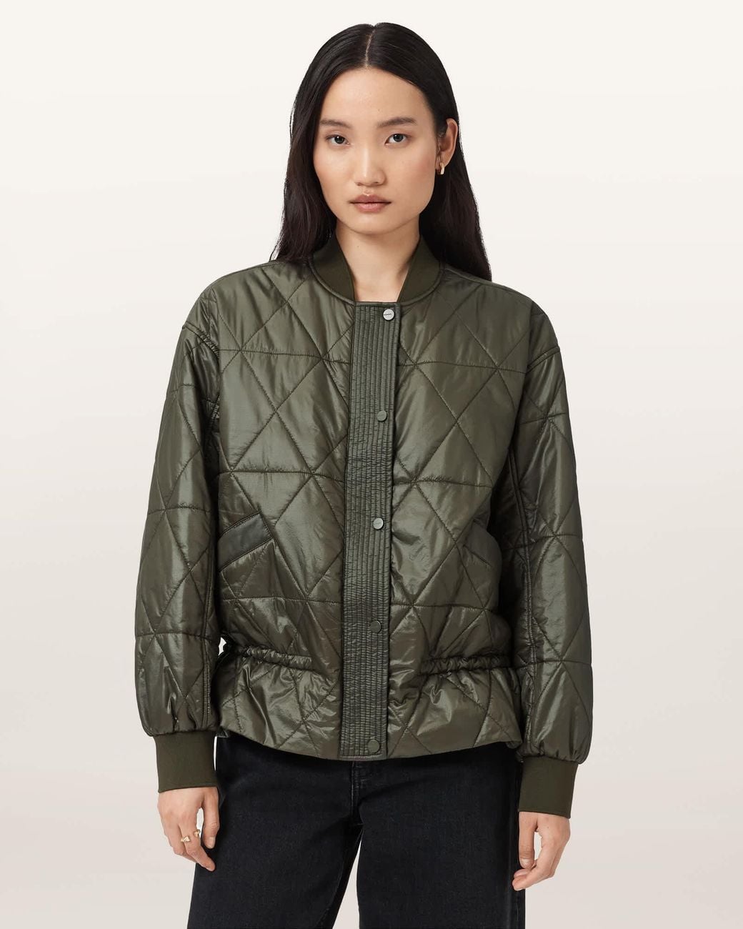 AllSaints Green Alli Quilted Bomber Jacket