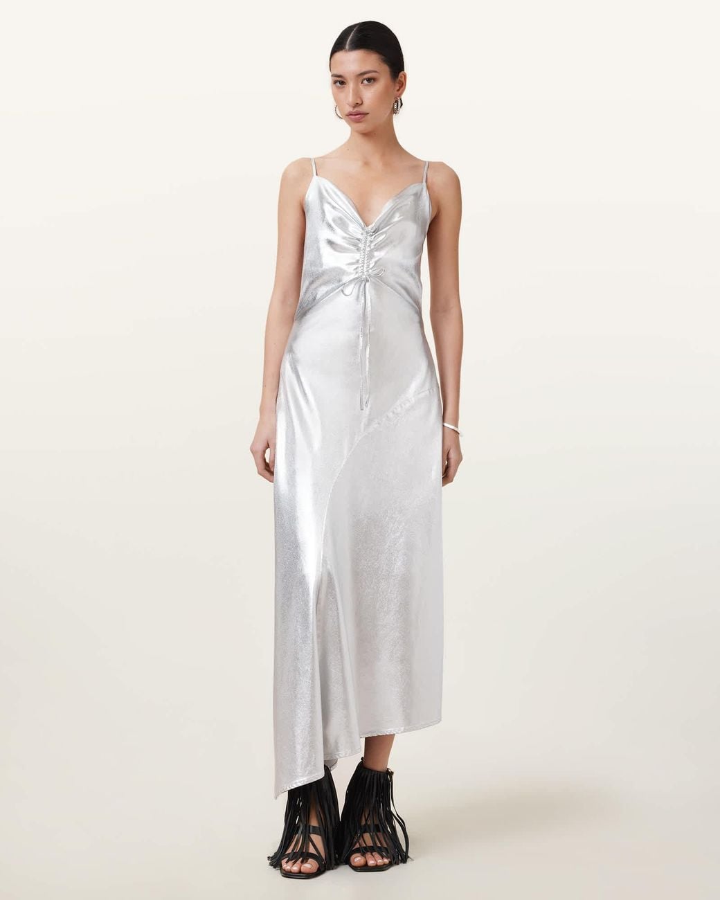 AllSaints White Lyocell Alexia V-Neck Metallic Midi Slip Dress, /Us 12