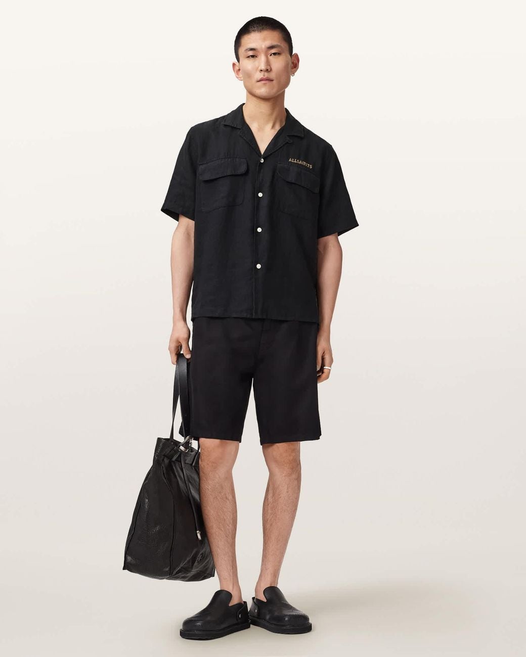AllSaints Black Dunloe Short Sleeve Boxy Linen Shirt for men