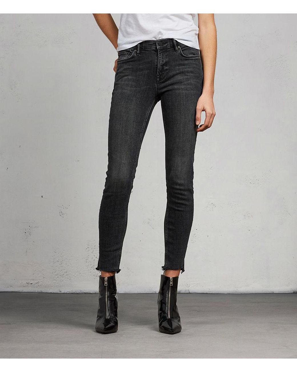 AllSaints Grace Ankle Fray Skinny Jeans in Black | Lyst