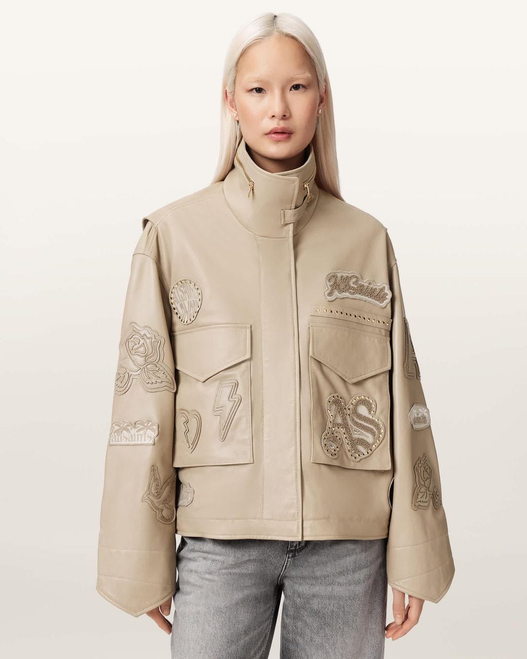 AllSaints Natural Clay Oversized Leather Patch Jacket