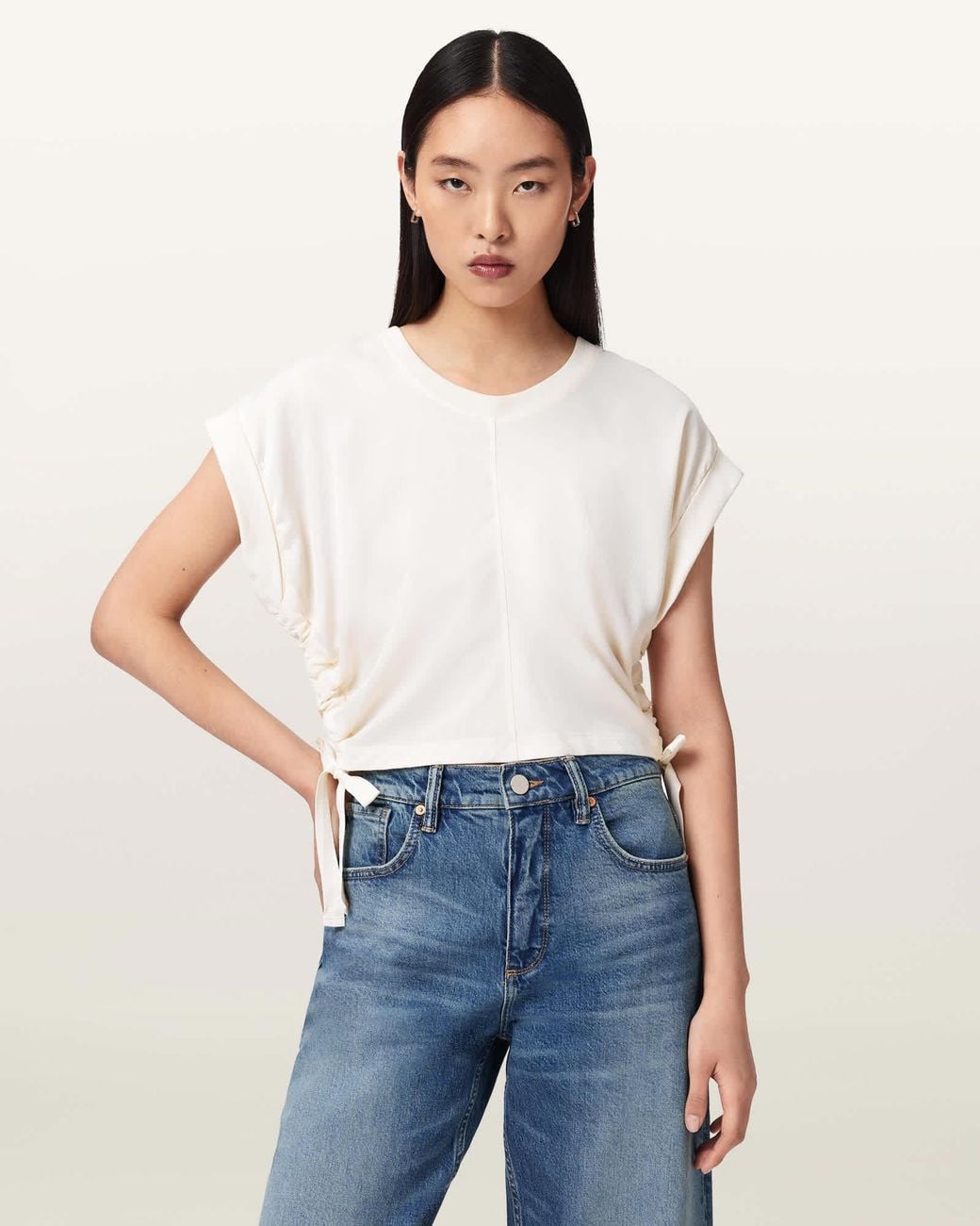 AllSaints White Mira Cropped Satin Drawcord T-Shirt