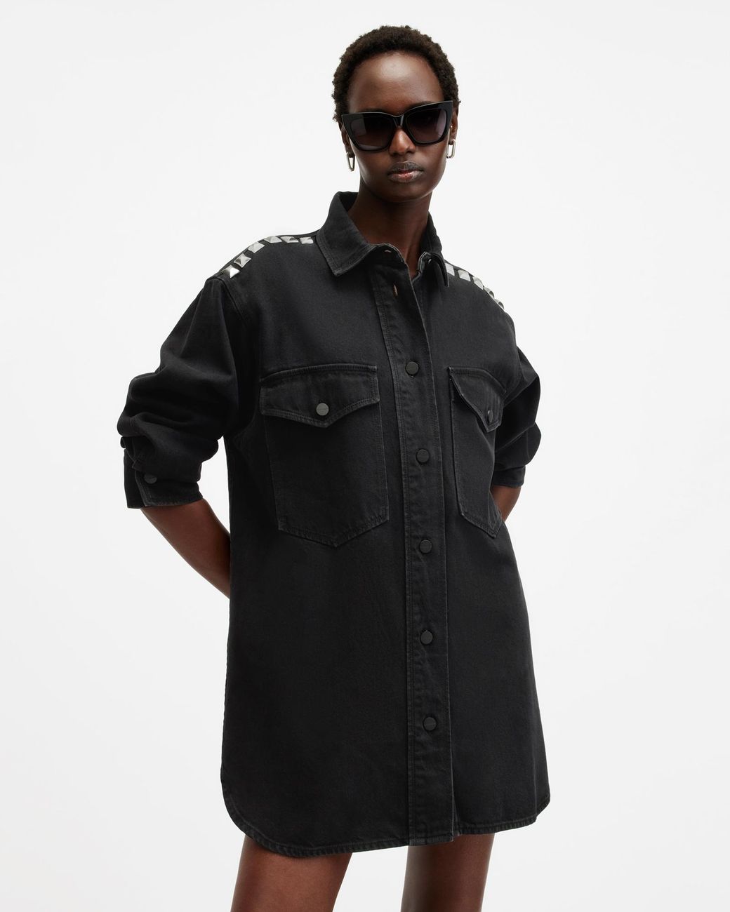 AllSaints Lily Studded Oversized Denim Mini Dress in Black | Lyst