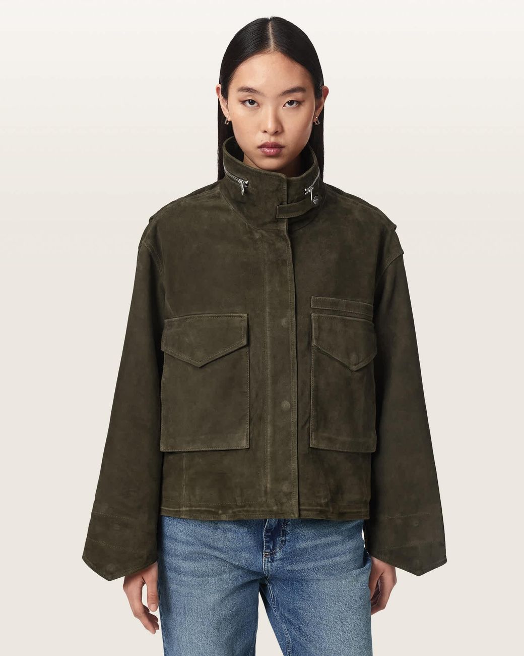 AllSaints Green Clay Funnel Neck Suede Cropped Jacket