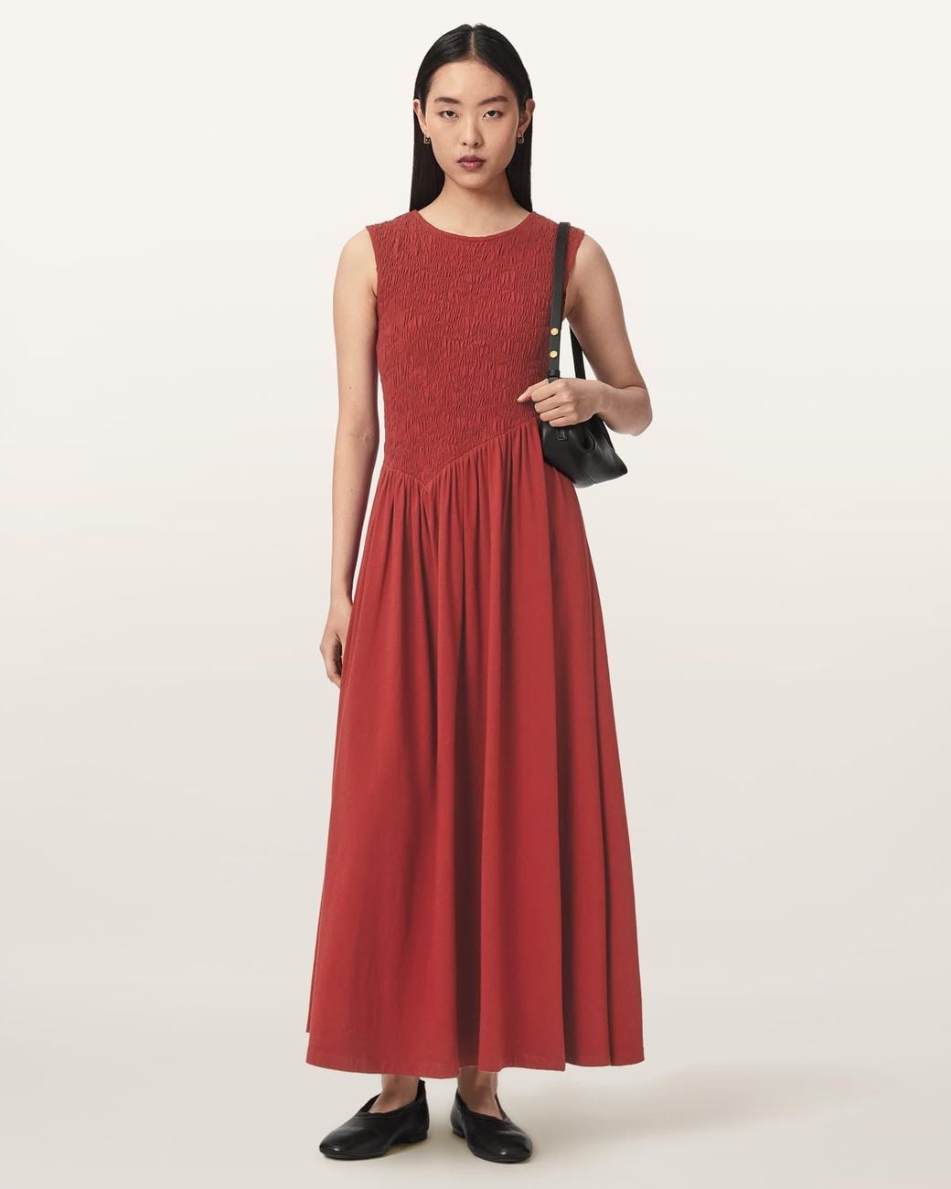 AllSaints Red Luna Crinkle Cotton Midi Dress