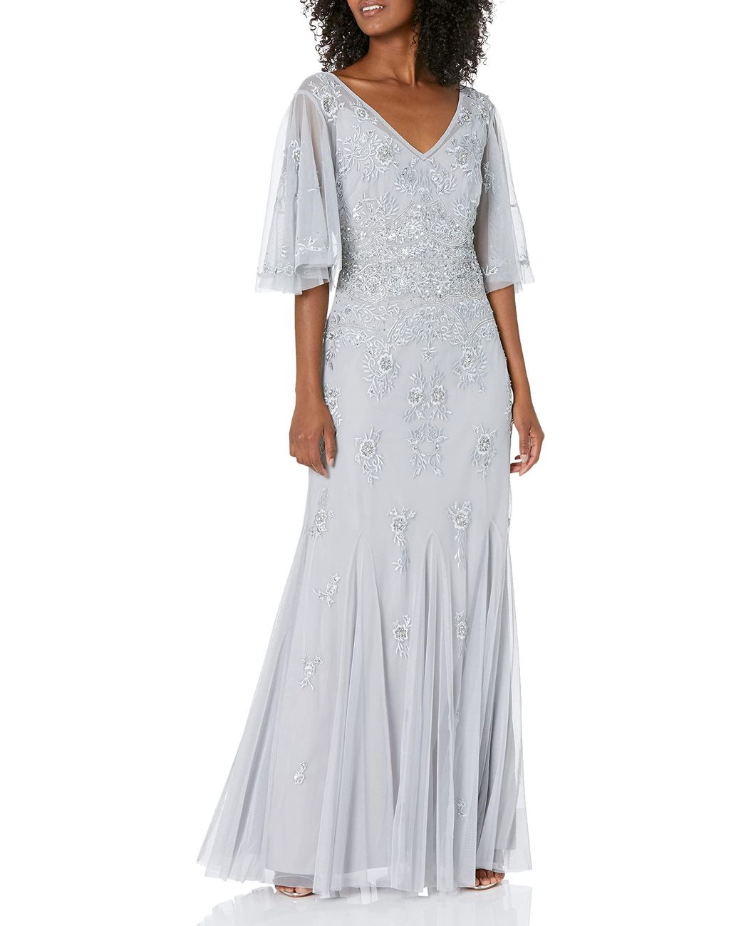 adrianna papell grey beaded dress