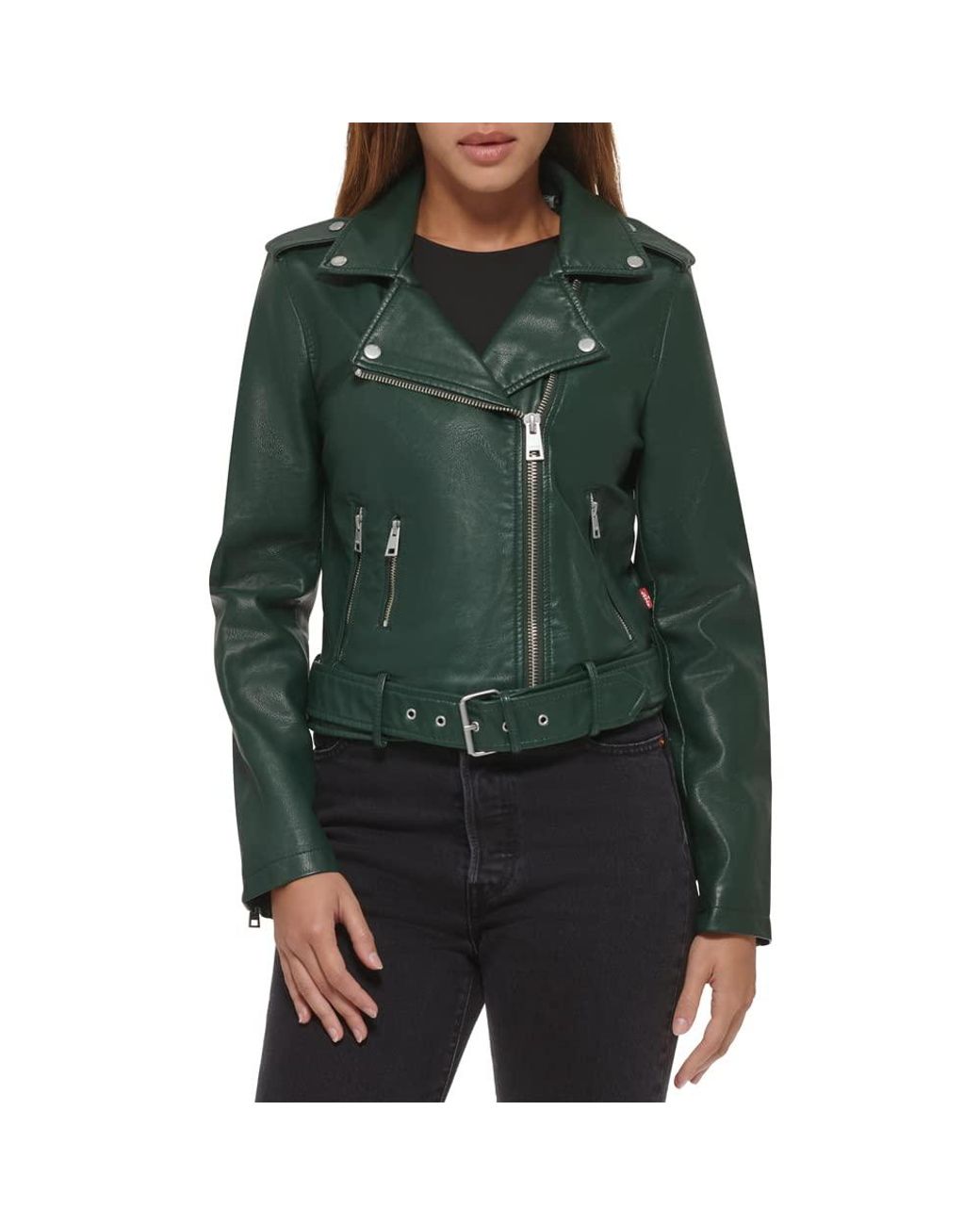 Levi's Faux Leather Belted Motorcycle Jacket in Green | Lyst UK