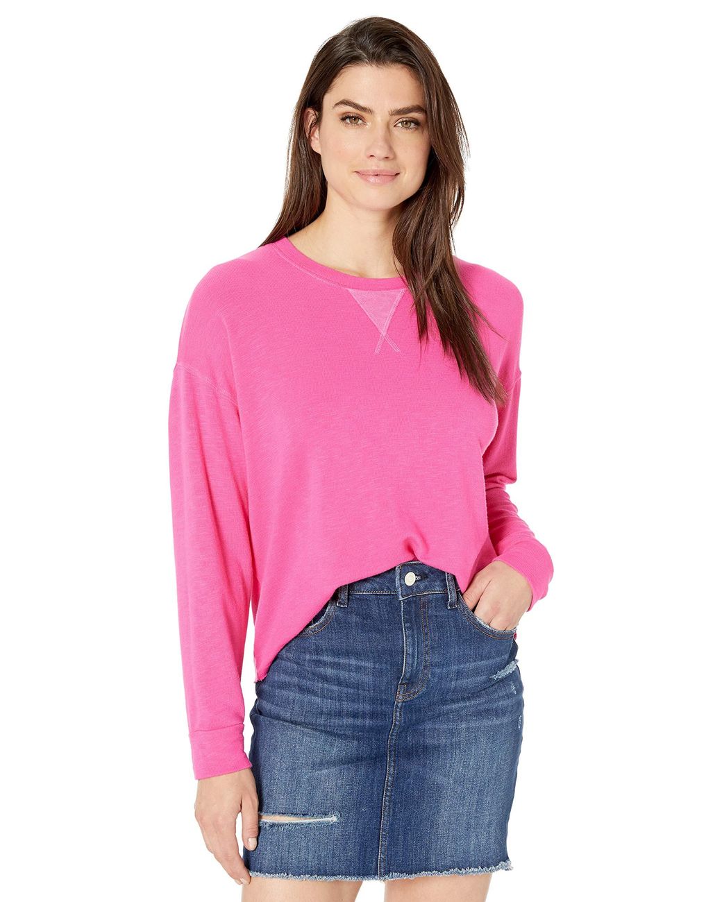 Splendid Denim Long Sleeve Crewneck Pullover Sweater in Pink - Lyst