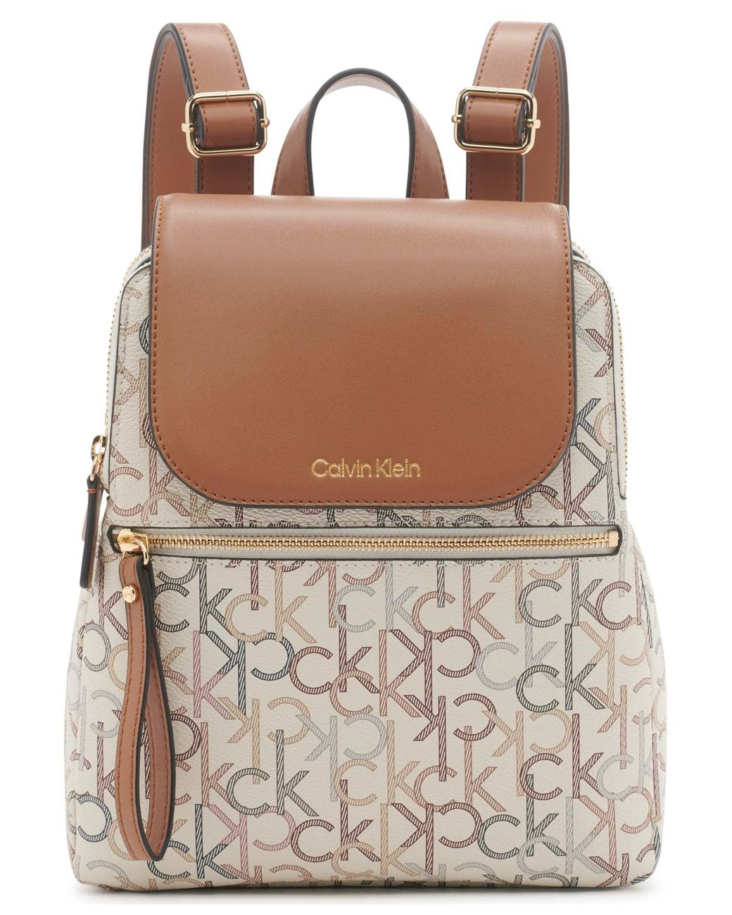 Calvin Klein Reyna Signature Key Item Flap Backpack in Brown Lyst