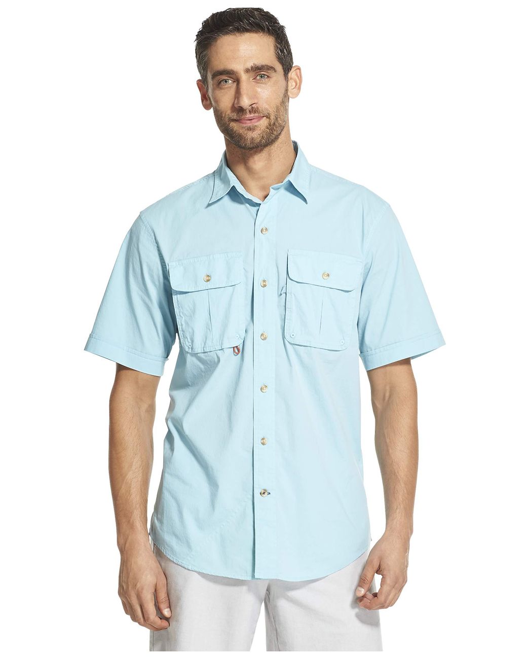 Izod Surfcaster Short Sleeve Button Down Solid Fishing Shirt in Blue for  Men | Lyst