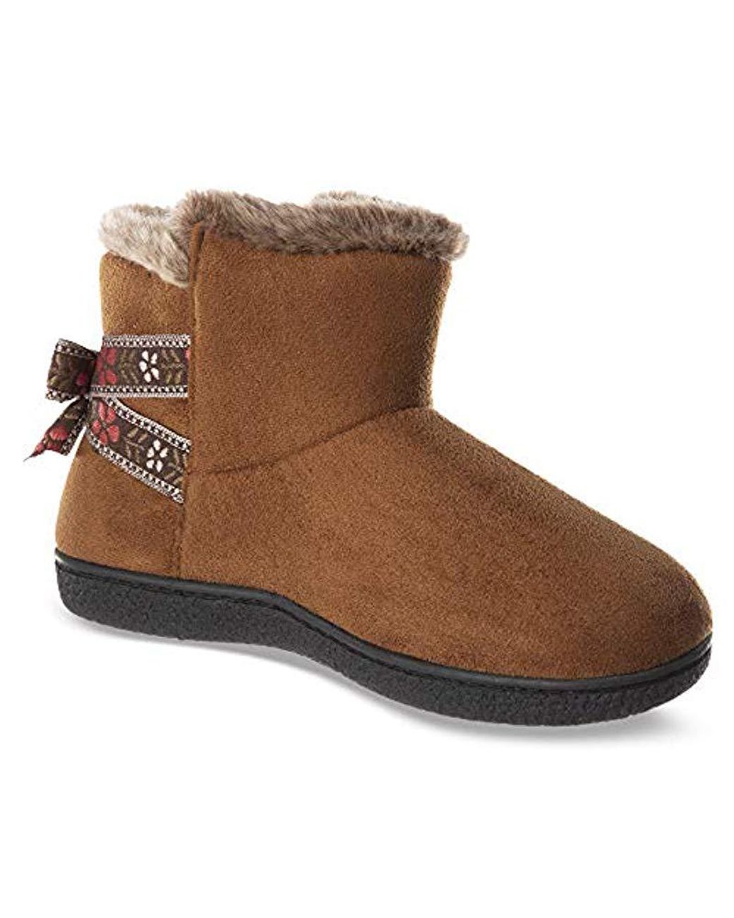 isotoner Womens Memory Foam Nora Boot/ Faux Fur and Bow Detail with Indoor Outdoor Comfort Sole Slipper