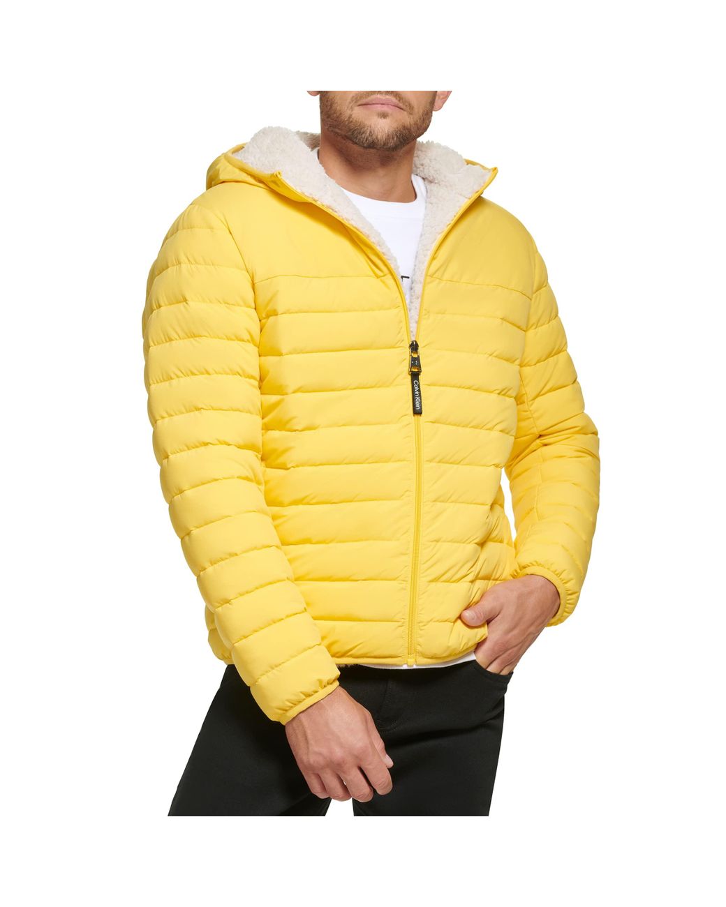 Calvin Klein Hooded Down Jacket Quilted Coat Sherpa Lined in Yellow for Men  | Lyst