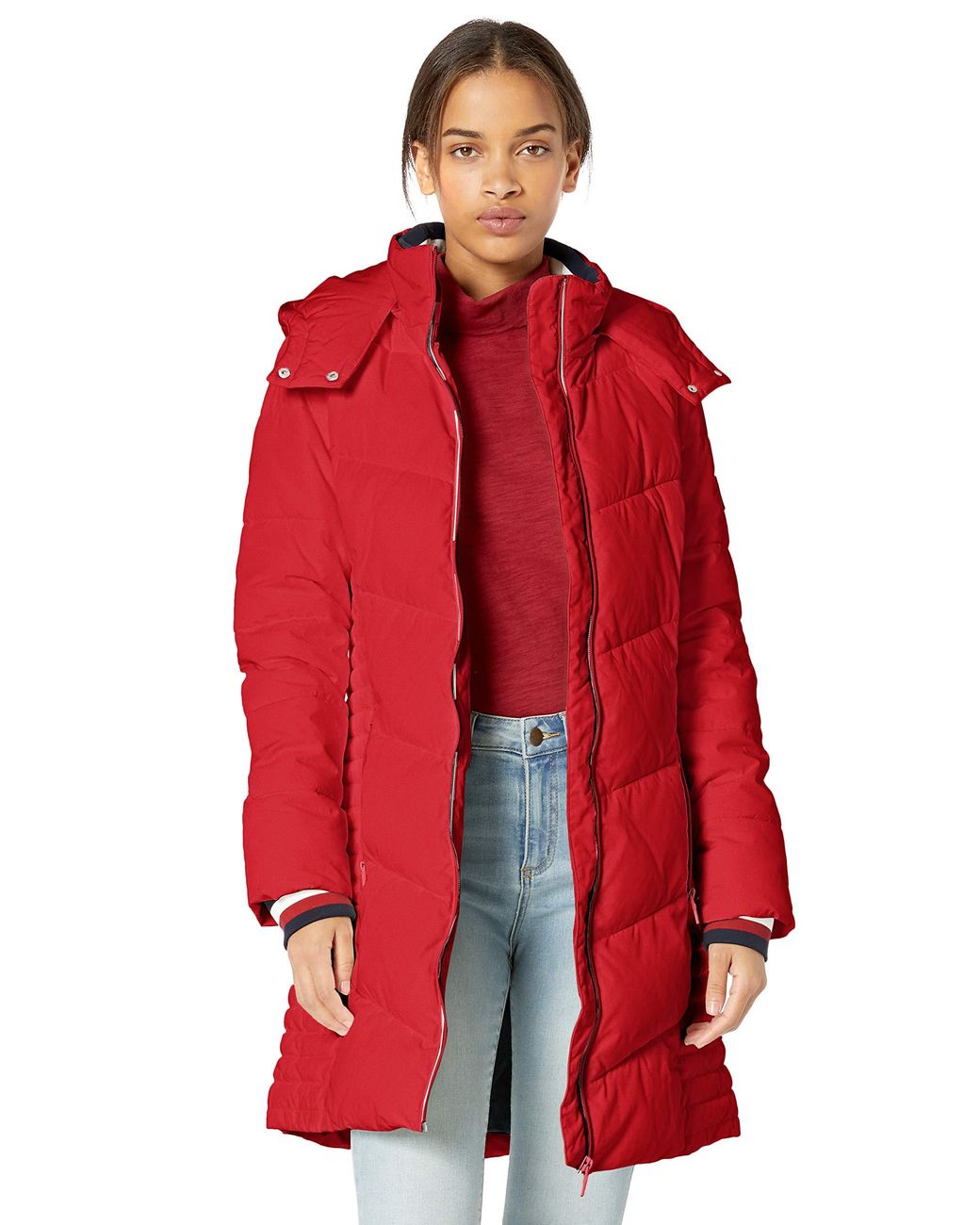 tommy hilfiger women's mid length packable down chevron quilt coat