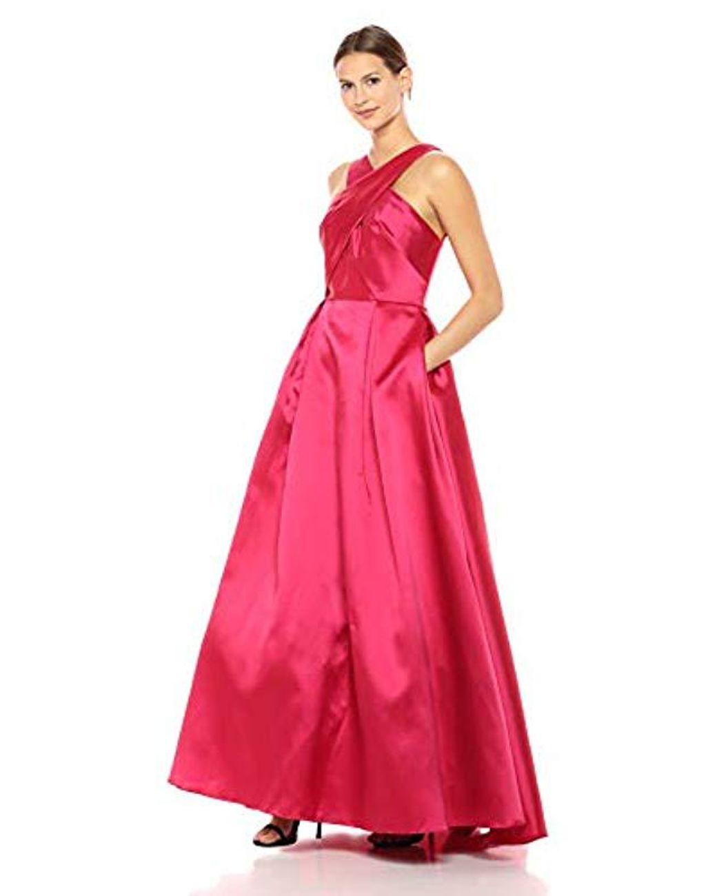 ML Monique Lhuillier Satin Halter Cross Front Ball Gown in Cerise (Pink ...