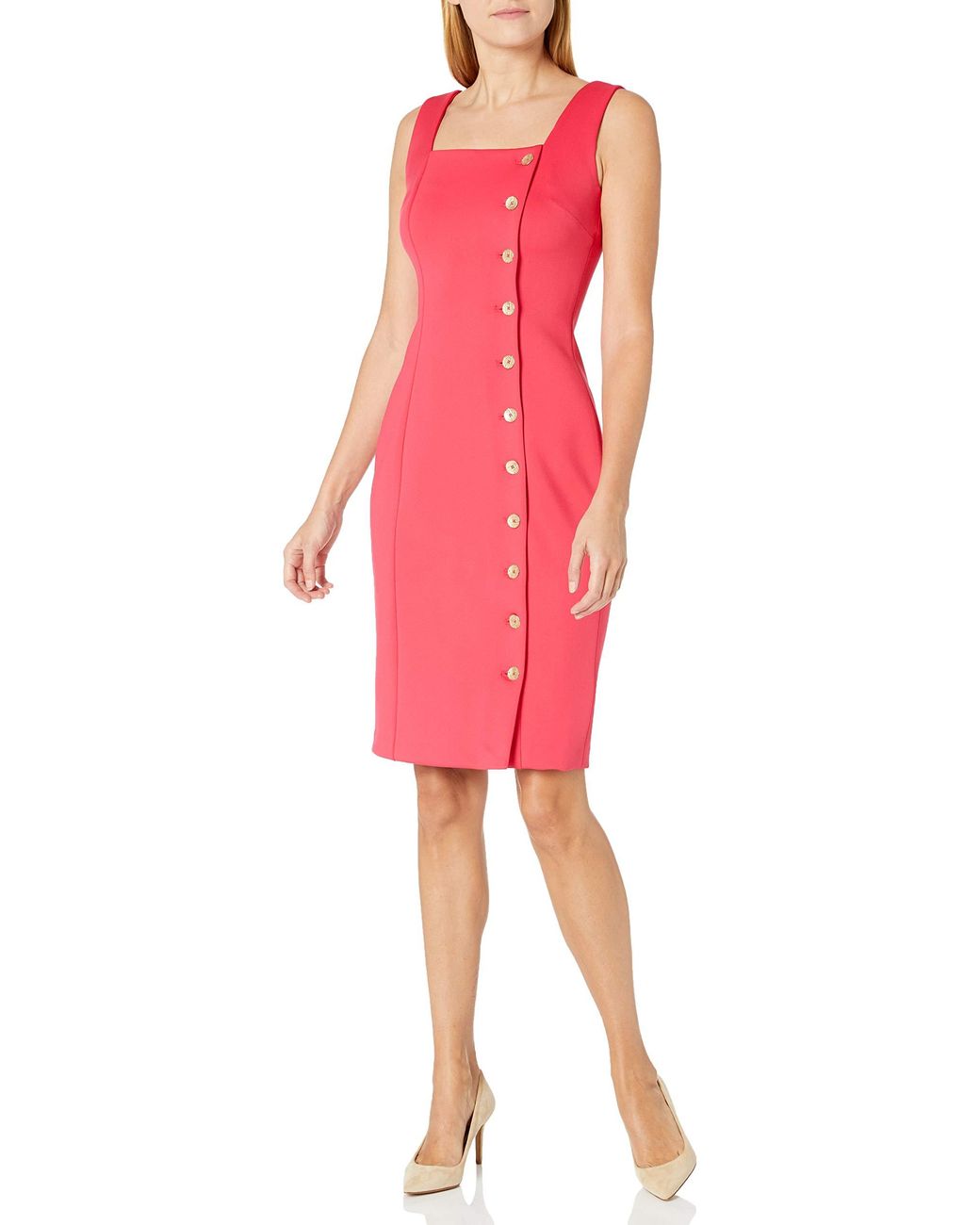 Calvin Klein Square Neck Sheath Dress With Side Front Button Detail in Pink  | Lyst