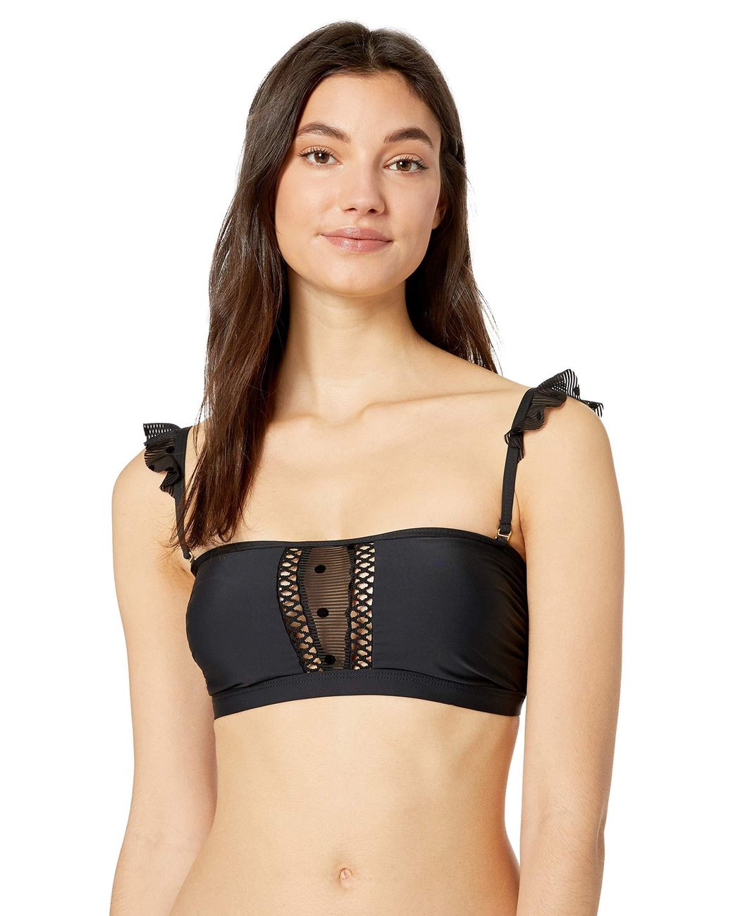black ruffle bandeau bikini top