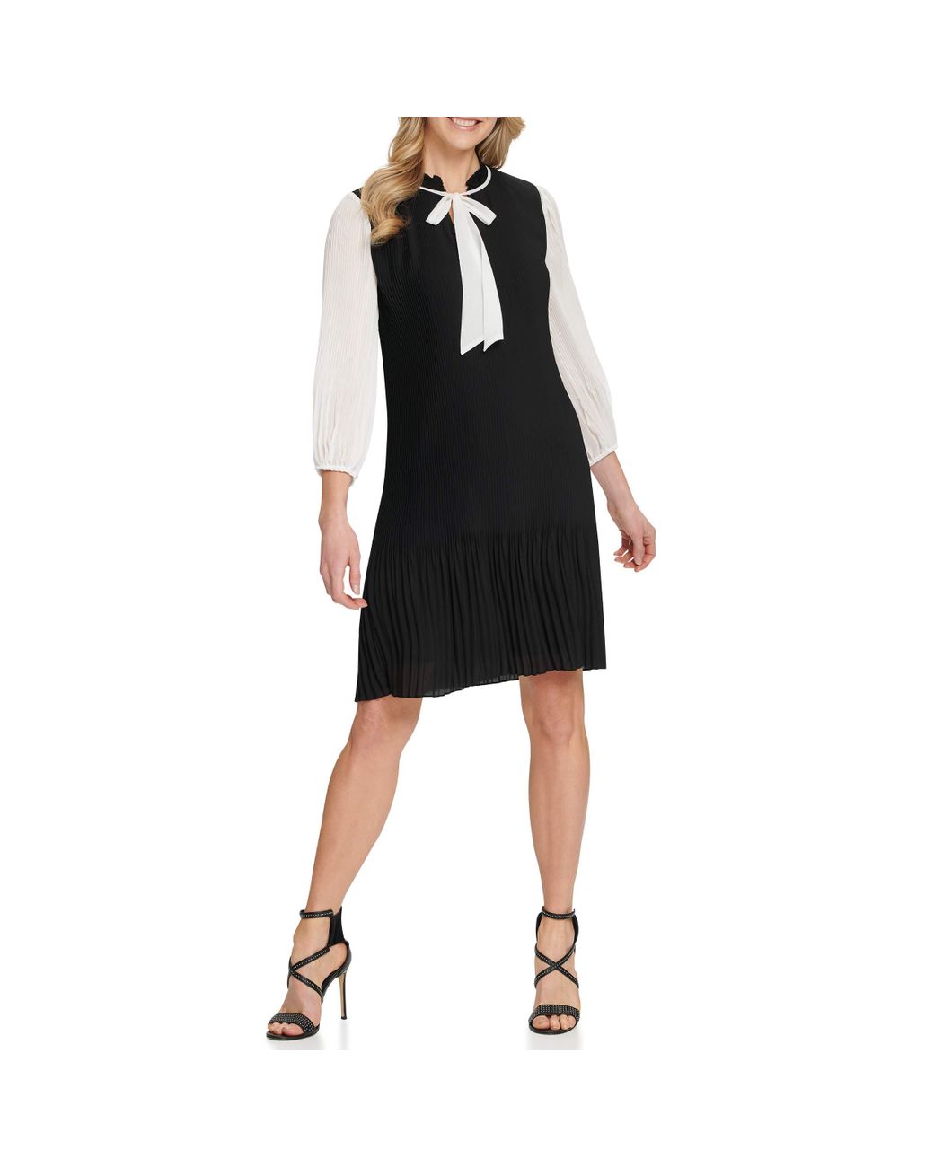dkny long sleeve tie neck pleated shift dress