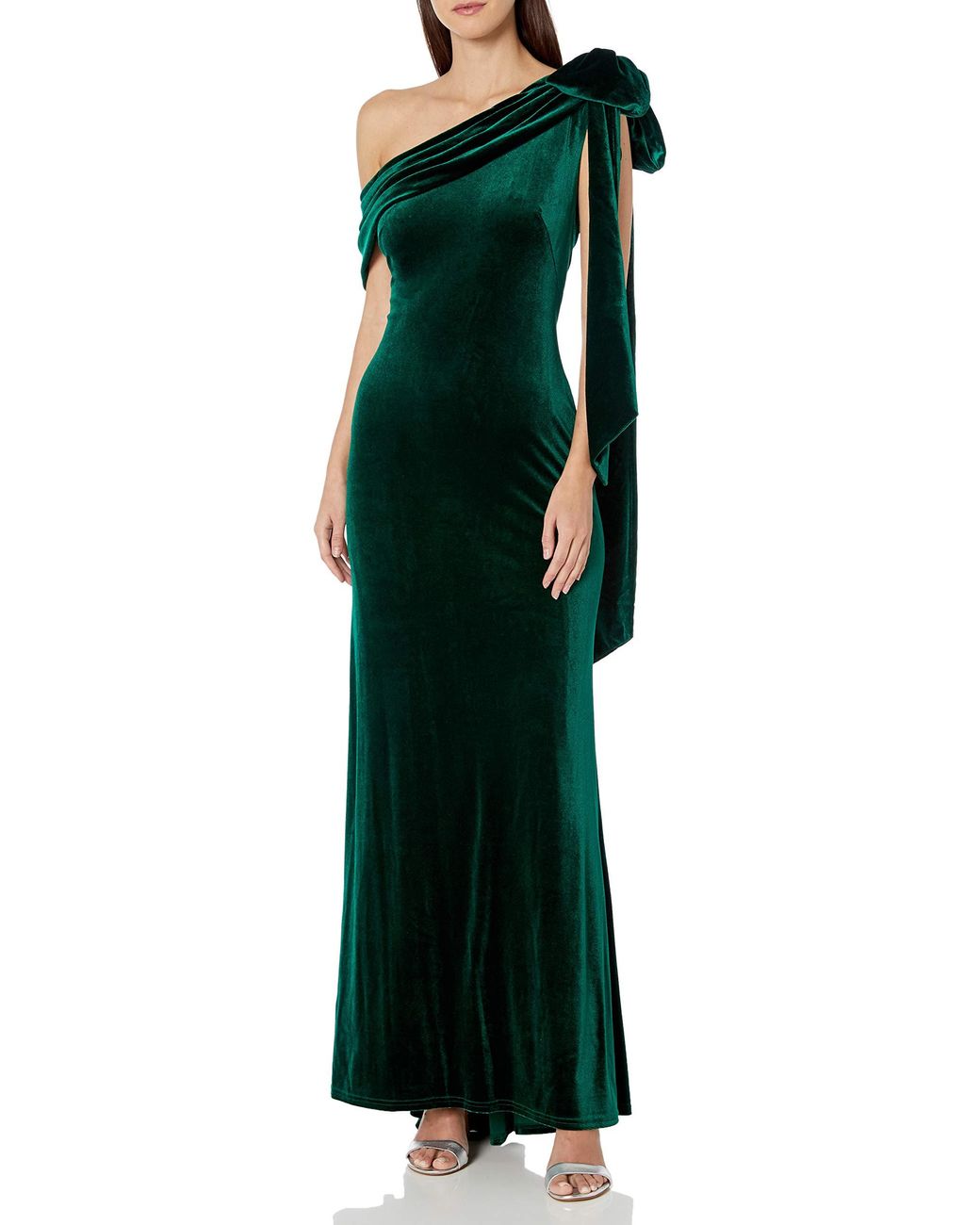 Tadashi Shoji Asymmetric Drape One Shoulder Velvet Gown in Green - Save
