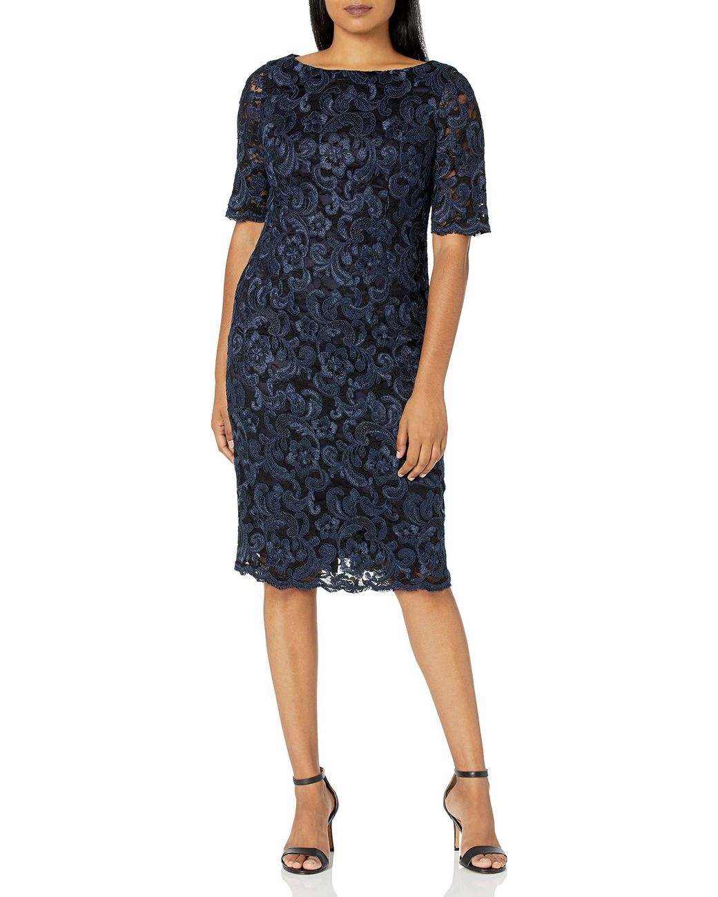 Eliza J Midi Sheath Dress in Lace Navy (Blue) - Lyst