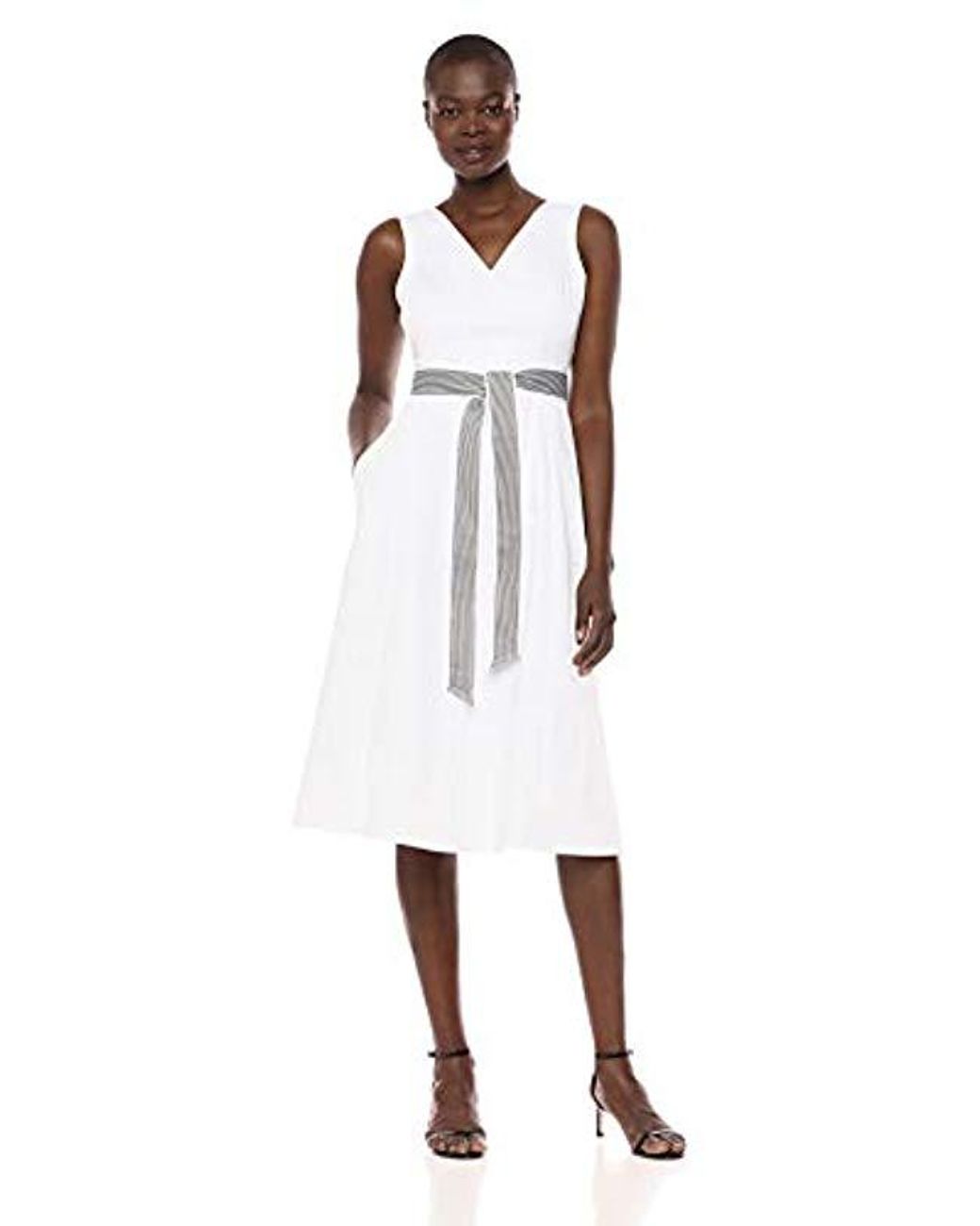 Calvin Klein Sleeveless V Neck Midi With Self Belt Dress in White - Lyst