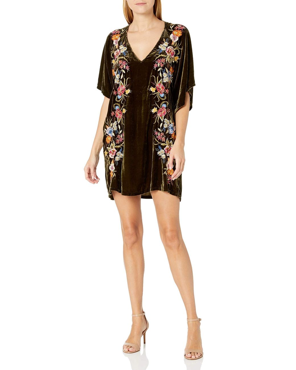 Johnny Was Velvet Mini Dress With Embroidery And Kimono Sleeve in Black