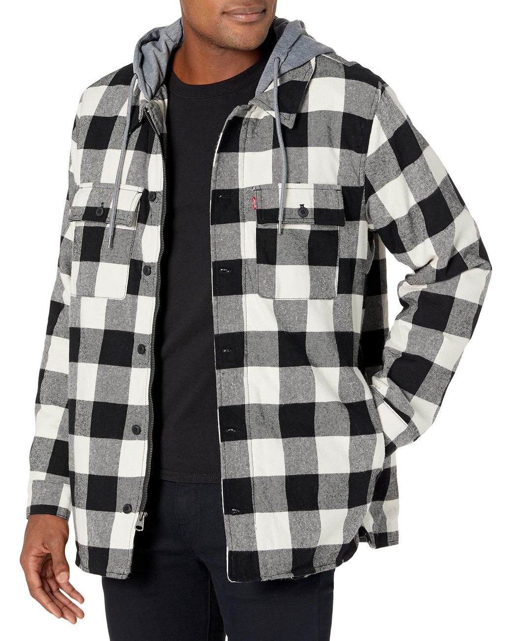 Levi's Cotton Plaid Shirt Jacket With Soft Faux Fur Lining And Jersey Hood  in Black for Men | Lyst