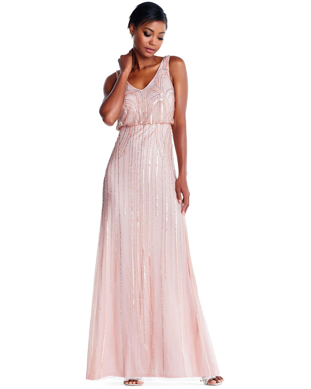 Adrianna Papell Beaded V-neck Blouson Gown in Blush (Pink) | Lyst
