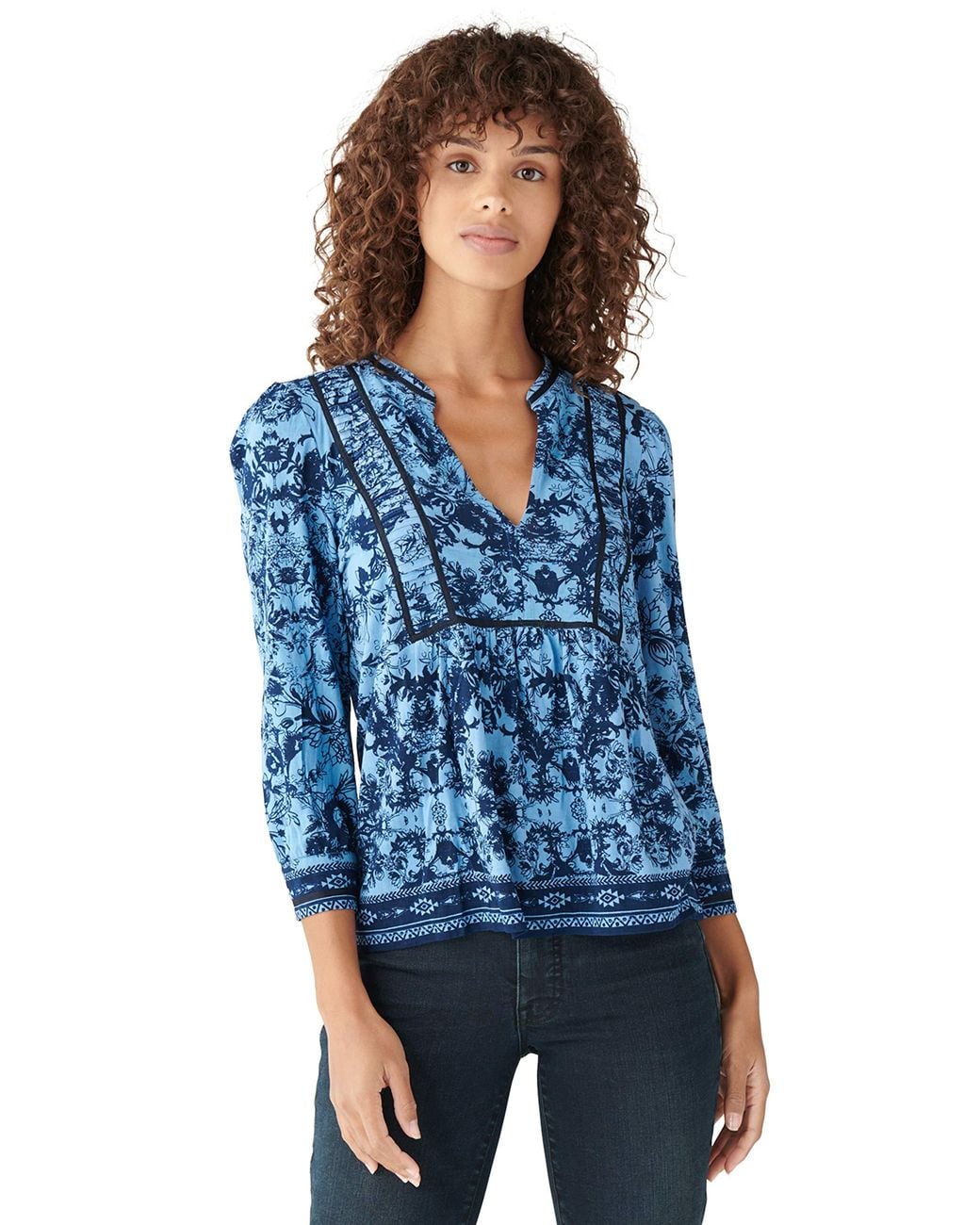 Lucky Brand Puff Sleeve V Neck Floral Print Peasant Top in Blue - Lyst