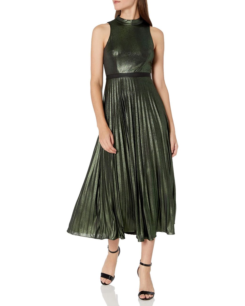 Donna Morgan Stretch Foil Pleated Skirt Halter Dress in Green 