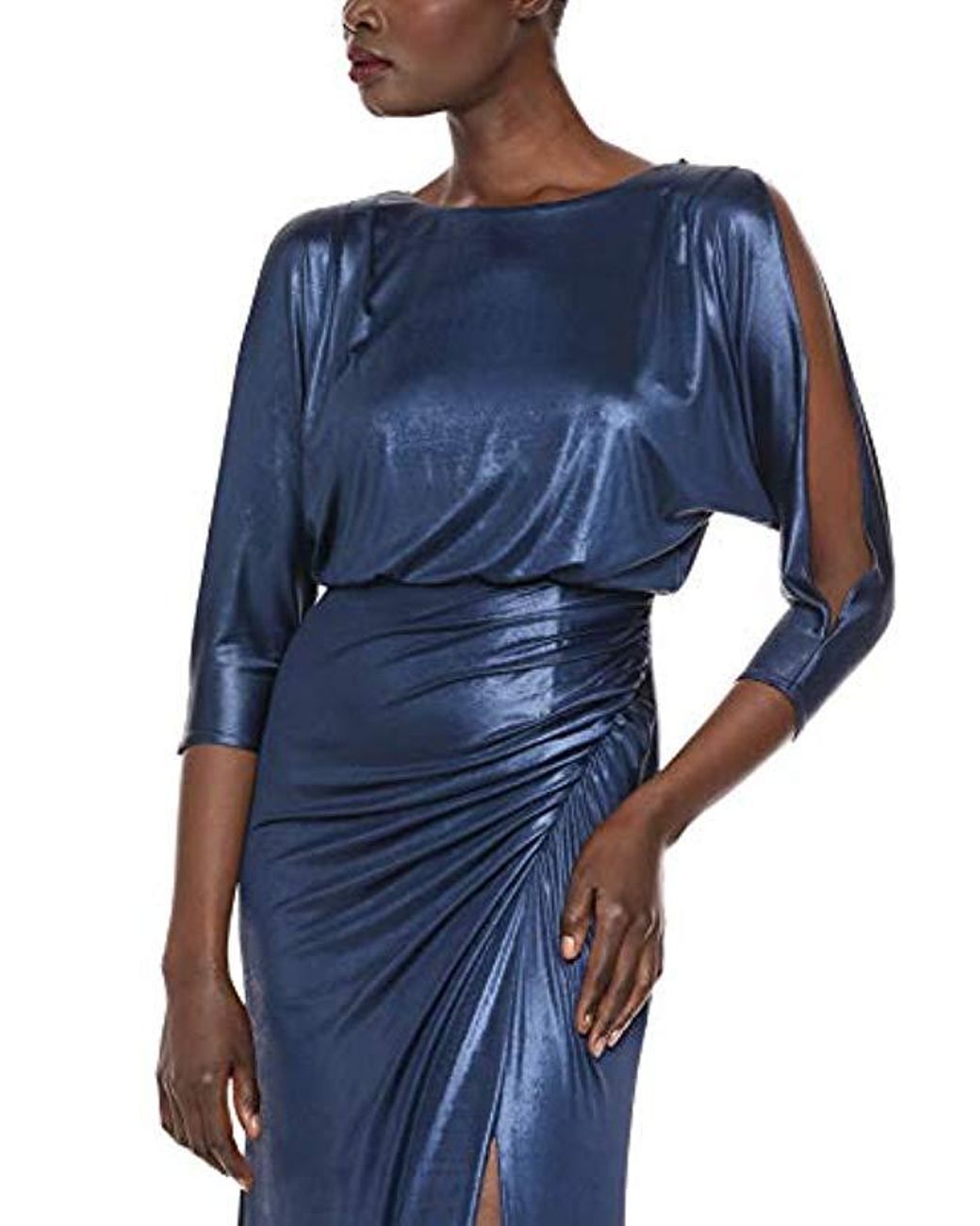 Adrianna Papell Metallic Blouson Draped Gown In Light Navy Blue