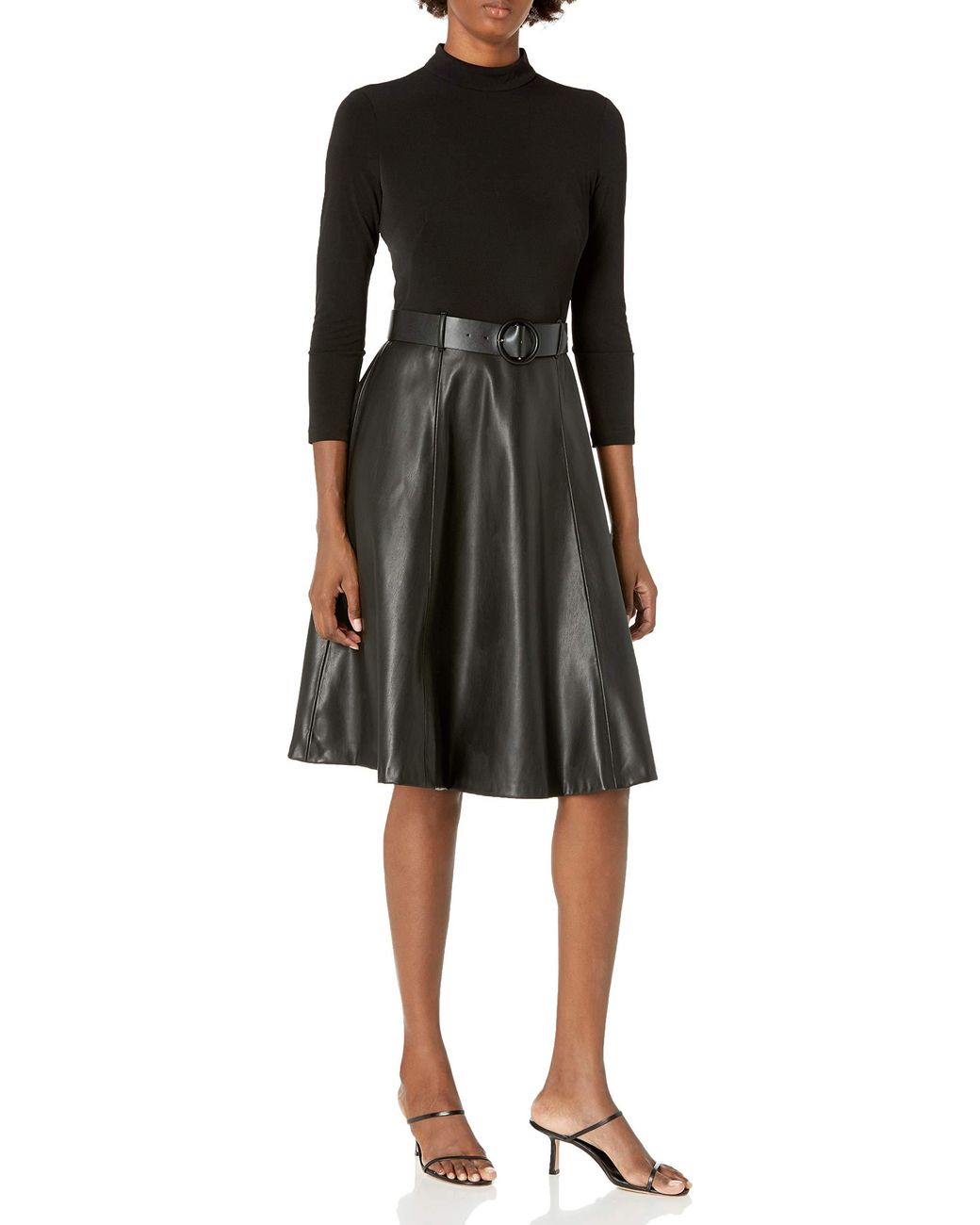 Calvin Klein Mock Neck A-line Dress With Faux Leather Skirt in Black ...
