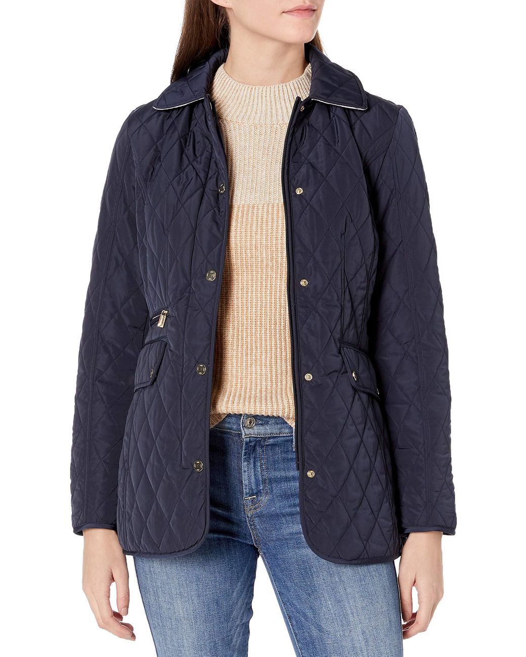 Jones New York Quilted Jacket With Hood in Navy (Blue) Lyst