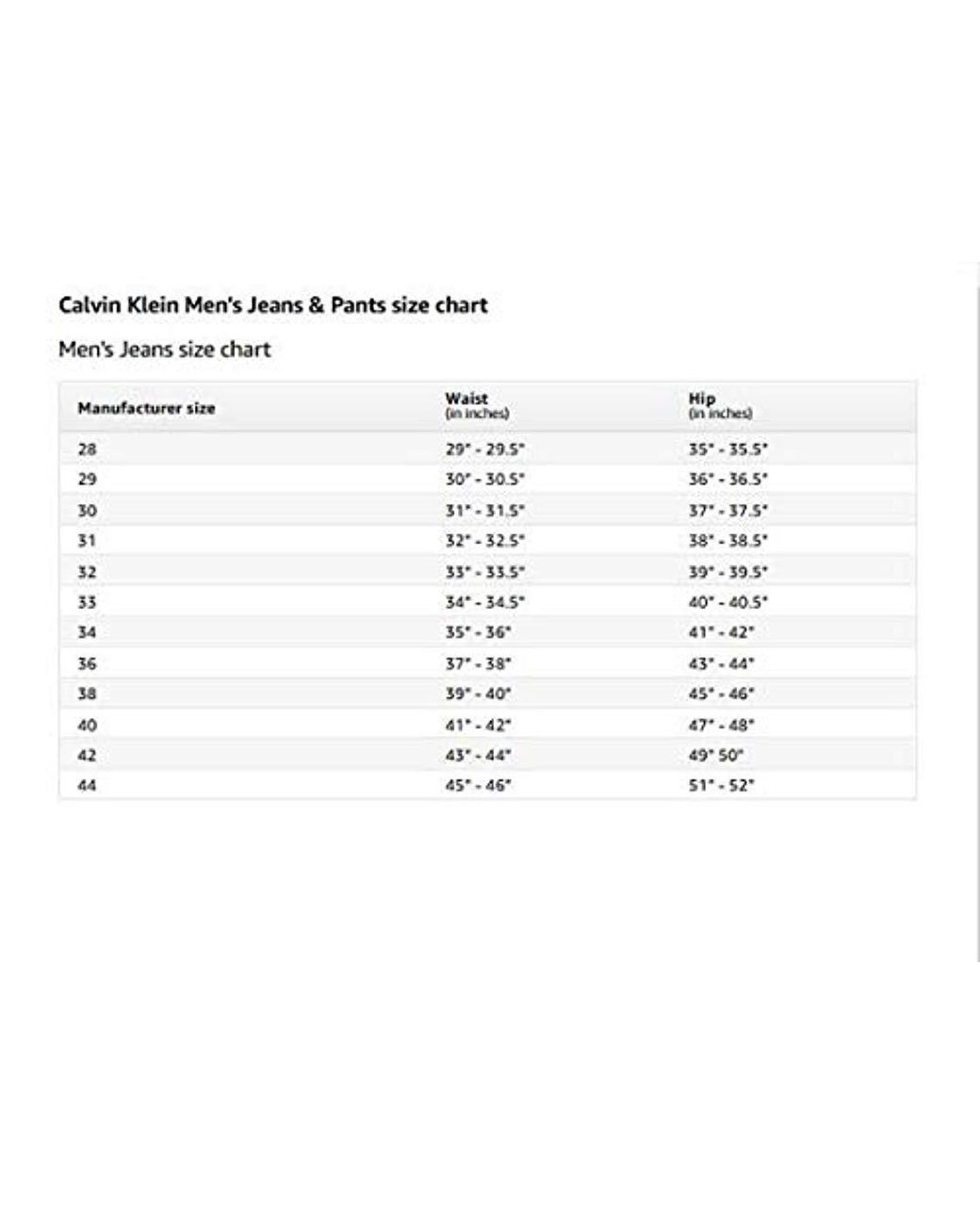 Calvin Klein Performance Size Chart