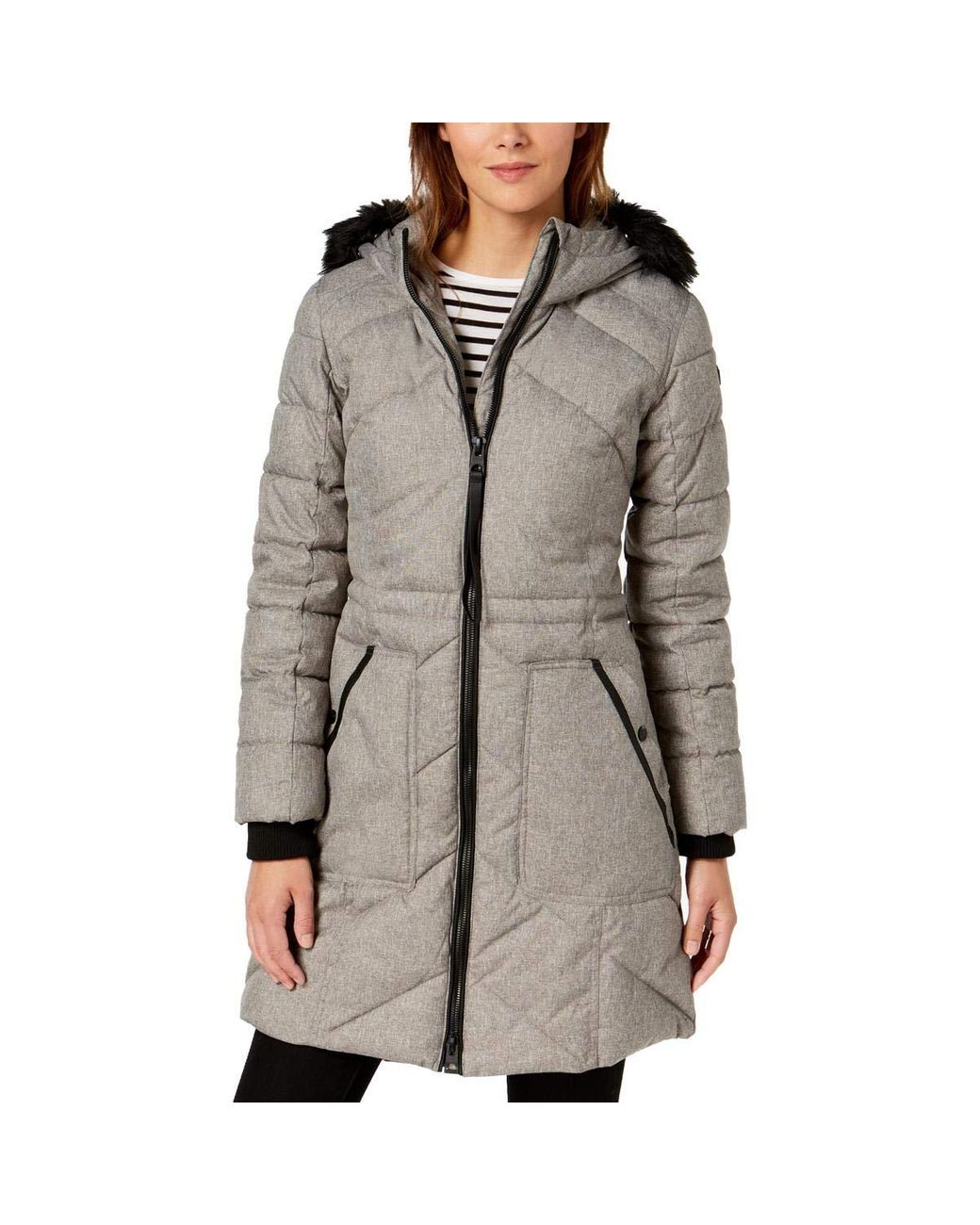 GUESS womens Knee Length Heavy Puffer Coat With Faux Fur Trimmed Hood