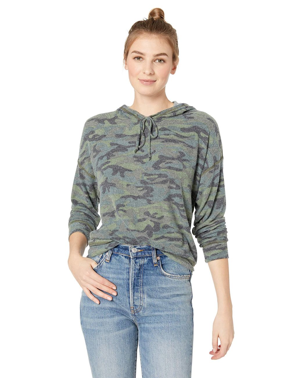 Michael Stars Womens Madison Brushed Camo Long Sleeve V-Neck Hoodie