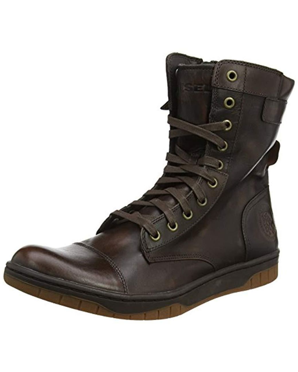 DIESEL Leather Tatradium Basket Butch Zip Combat Boot, Coffee Bean, 8.5