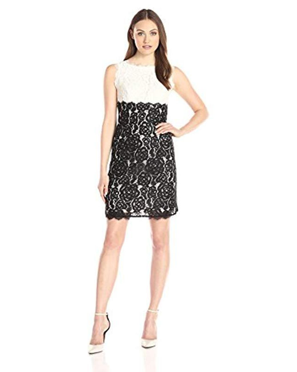 Adrianna Papell Empire Waist Soft Lace Dress In Ivory Black Black