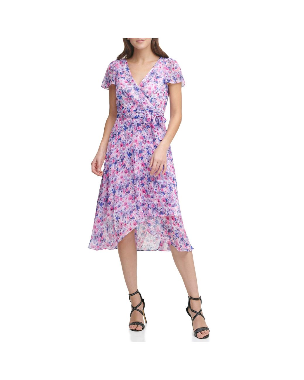 DKNY Chiffon Flutter Sleeve V-neck Wrap Midi Dress in Purple - Save 39% ...