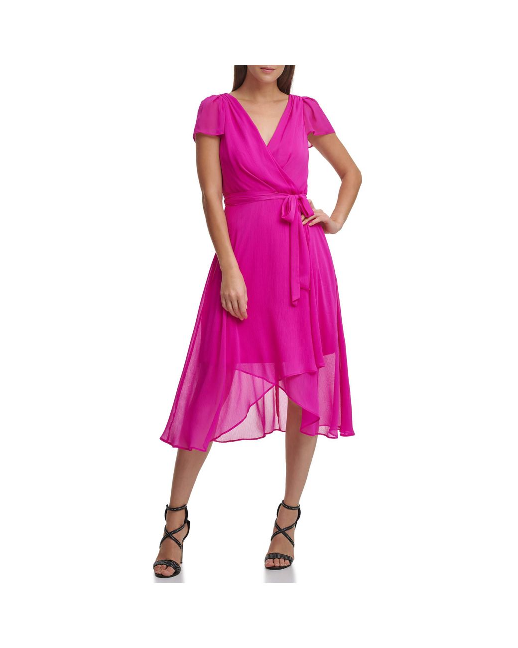 DKNY Chiffon Flutter Sleeve V-neck Wrap Midi Dress in Raspberry (Pink ...